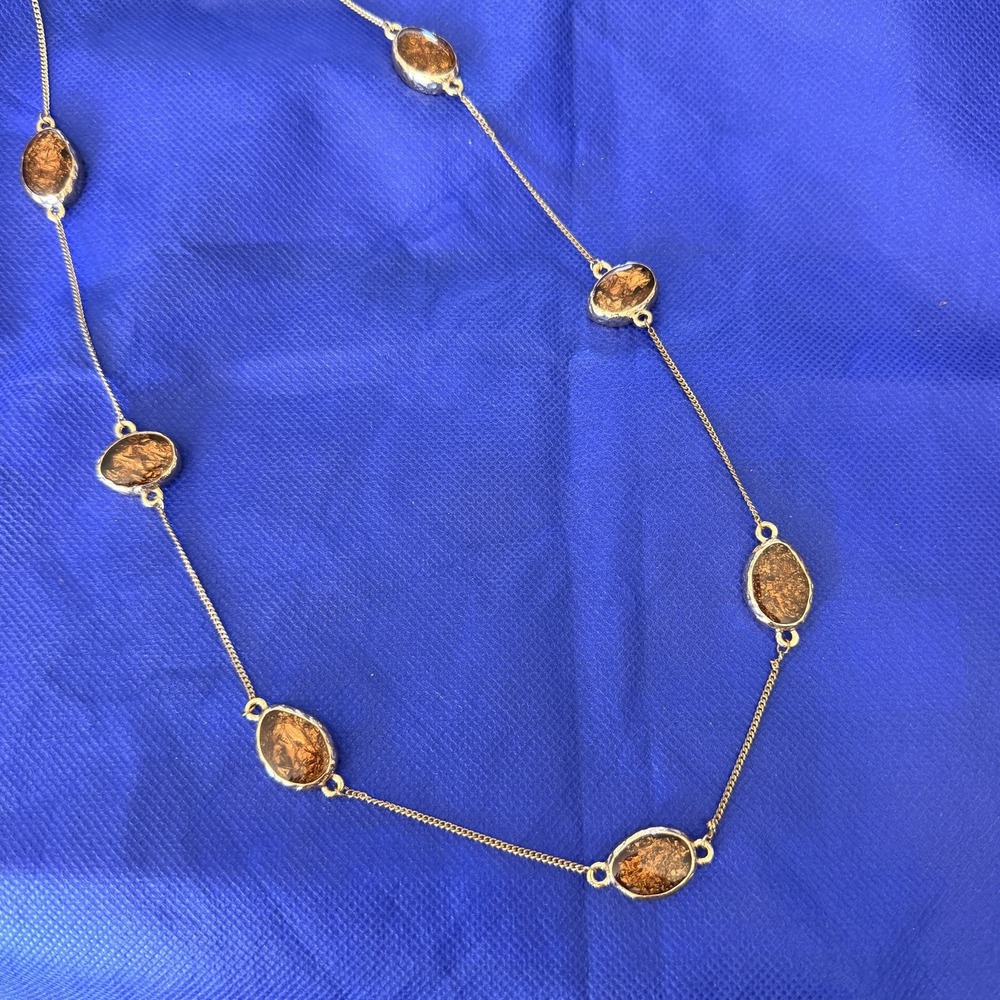 Gold Tone Oval Golden Brown Foil Resin Long Station Necklace 36 Inch Womens Stmt